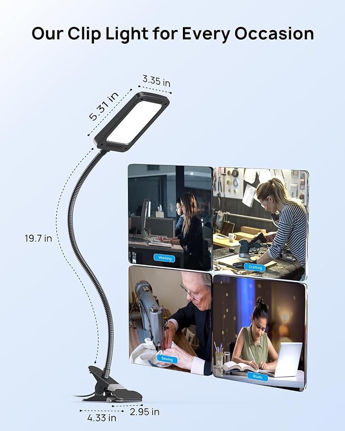 TROND LED Desk Lamp with Clamp, 1000LM Bright 3-Level Dimmable Desk Light | 6000K Daylight Extra-Long Flexible Gooseneck Clip on Light, Eye-Care Clamp Lamp for Painting, Workbench,Reading, Sewing