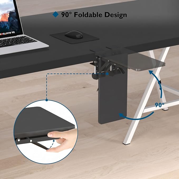 BONTEC Desk Extender Tray, 11.8 x 5.9 Inch, Black Pattern | 90° Foldable Elbow Support, Table Mount Arm Wrist Rest Shelf, Clamp on Computer Arm Rest, Easy to Install, Office & Home Use