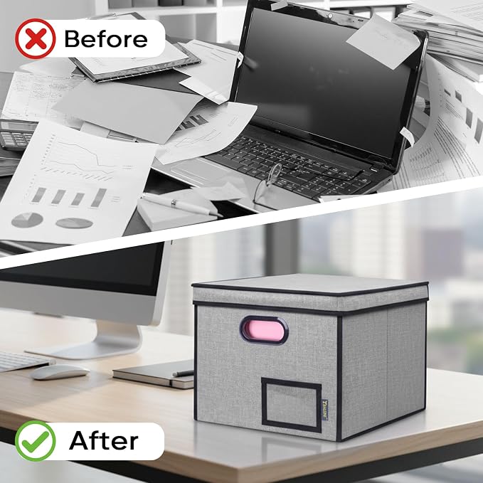 BALEINE File Organizer Box with Lid, Collapsible Hanging File Storage Box | Smooth Plastic Rails, Textured Fabric Exterior, Collapsible Hanging File Folder Box for Office Document Storage