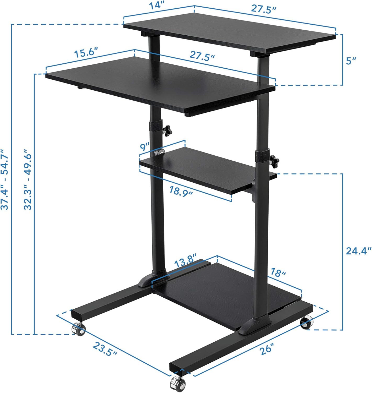 Mount-It! Mobile Standing Desk Cart, Height Adjustable Rolling Stand Up Desk, Computer Workstation for Office, School, Teachers, 27.5" Wide Podium Platform, Locking Wheels in Black Rises 37" to 54"