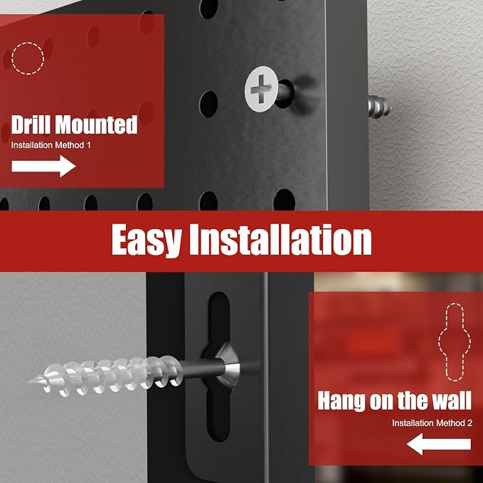 Heavy Duty Peg Board, 4 Pack Metal Pegboard Panels with 50 Hooks | Black Pegboard Organizer - Wall Mount Storage System for Garage and Garden Tools, Workbench, Office & Home Organization