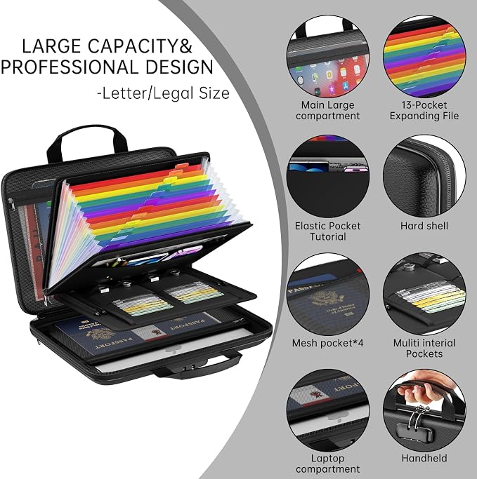 Fireproof File Organizer with Lock, Hard-Shell Document Box, Black | Water Resistant, 13-Pocket Expanding Folder, Portable Safe Storage for Letter Legal Files, Laptop, Valuables, Large Capacity