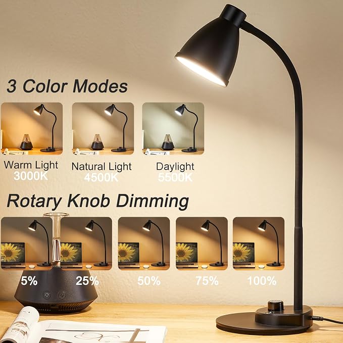 BOHON LED Desk Lamp with USB Charging Port 3 Color Modes Dimmable, Black | Reading Light Intelligent Induction Auto Dimming Task Lamp Neck Flexible Table Lamp for Bedside Office, AC Adapter Include