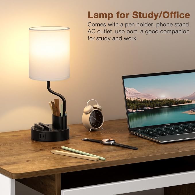 Bedside Lamps for Bedroom Set of 2 - Table Desk Lamp for Nightstand | 15" Table Lamp for Living Room with Pen Holder & Phone Stand, USB A+C Port, AC Outlet, 3 Color Temperature, LED Bulb Included