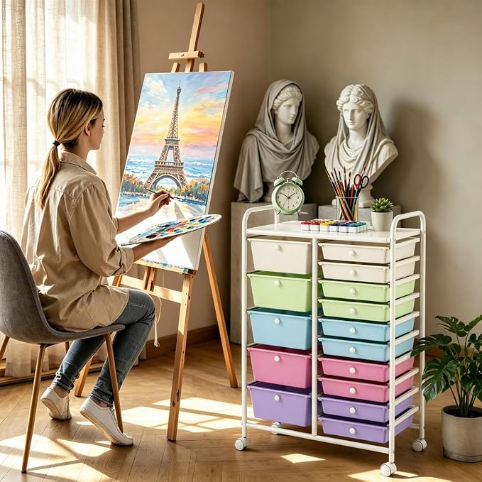 RELAX4LIFE 15 Drawer Rolling Storage Cart, Classroom Organization for School Teacher Office, Mobile Craft Art Supply Organizer, Utility Carts on Wheels for Paper Tools Scrapbook (Ice Cream Multicolor)
