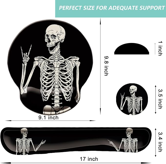 Keyboard Wrist Rest Pad Mouse Pad with Wrist Support Set of 3, Mousepad with Non-Slip Rubber Base, Ergonomic Memory Foam Mouse Wrist Cushion Support for Home Office Laptop Computer, Human Skeleton
