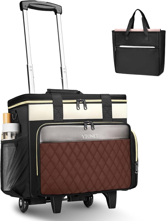 Ytonet 15.6 Inch Teacher Rolling Bag with Detachable Dolly & Teacher Tote | Large Rolling Cart for Teachers, Rolling Tote Bag for Work, Bag with Wheels for Office, Nurse, Teacher Bag, Black Beige Brown