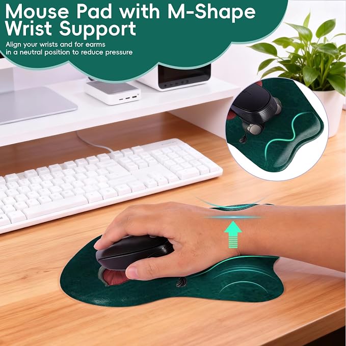 Mouse Pad with Wrist Rest Ergonomic Mouse Pad with Comfortable M-Shape Pain Relief Wrist Support Non-Slip PU Base Mousepad for Laptop, Office & Home (Green Elephant)