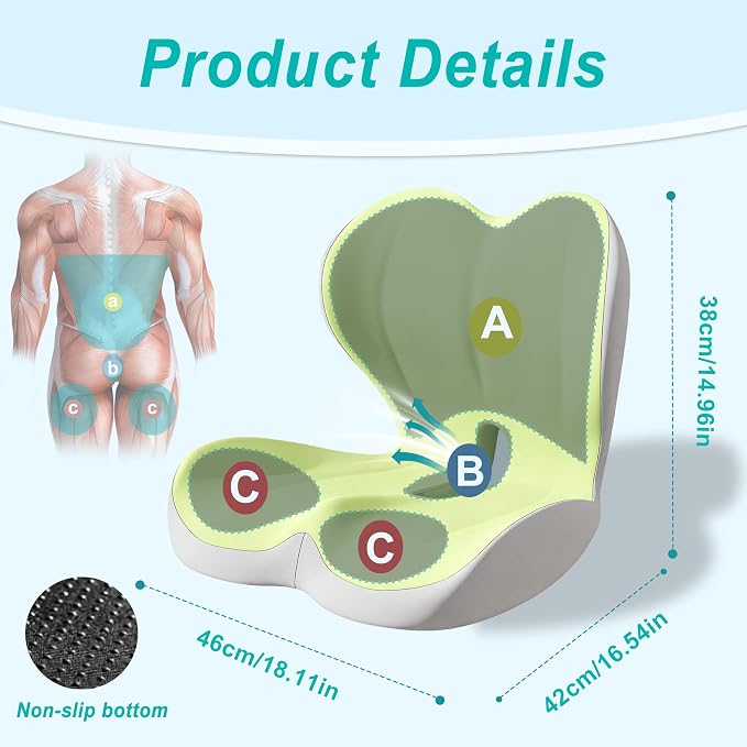 Seat Cushion for Office Chair and Car, Lumbar Support Pillow for Office Chair, Memory Foam Ergonomic Seat Cushion for Long Sitting, Back & Tailbone Pain, Sciatica - Green & Gray