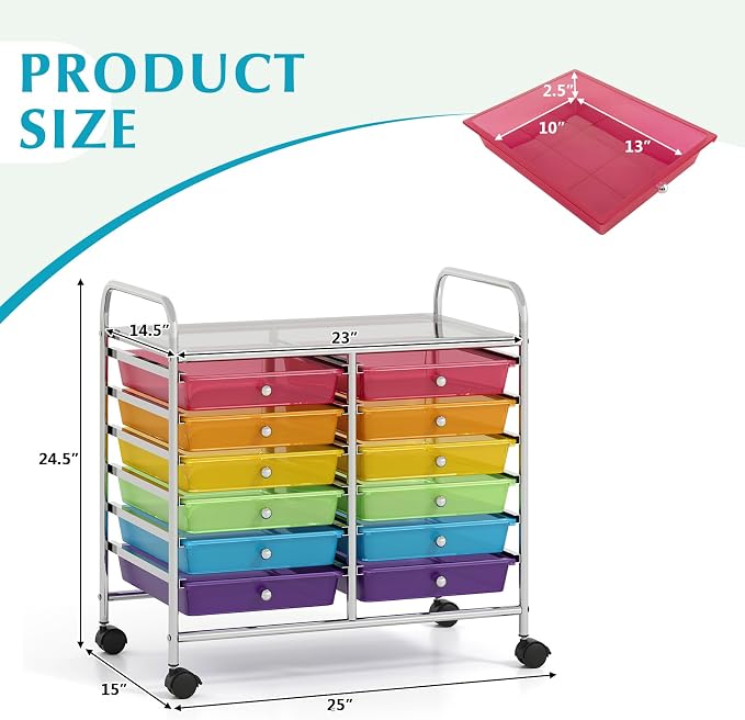 COSTWAY 12-Drawer Rolling Storage Cart, Utility Storage Organizer Cart | For Tools, Scrapbook, Paper, Craft, Multipurpose Art Supply Organizer on Wheels for Home Office School, Teacher, Rainbow