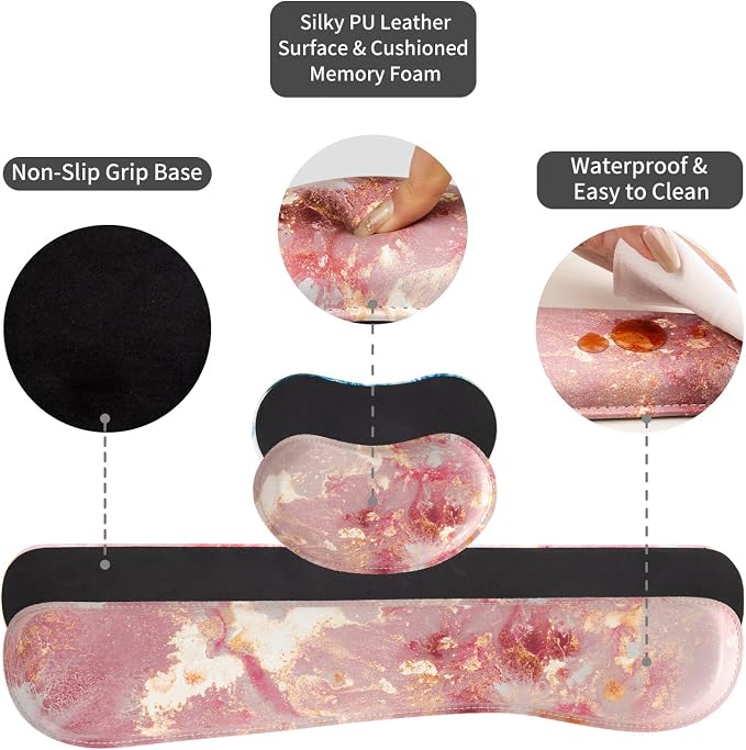 QIYI PU Leather Desk Mat Set, 4-in-1 Ergonomic Wrist Rest, Pink Marble | Waterproof Large Mouse Pad 31.5×15.7 + Keyboard Wrist Rest + Mouse Wrist Support+Coaster, Non-Slip Office Gaming Accessories