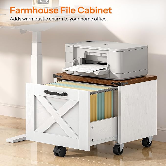 HOOBRO Farmhouse File Cabinet, Small Rolling File Cart Under Desk, 1-Drawer File Cabinet for Home Office, Printer Stand with Drawers, File Organizer Fits A4/Letter Size, White and Walnut, WH34WJ01