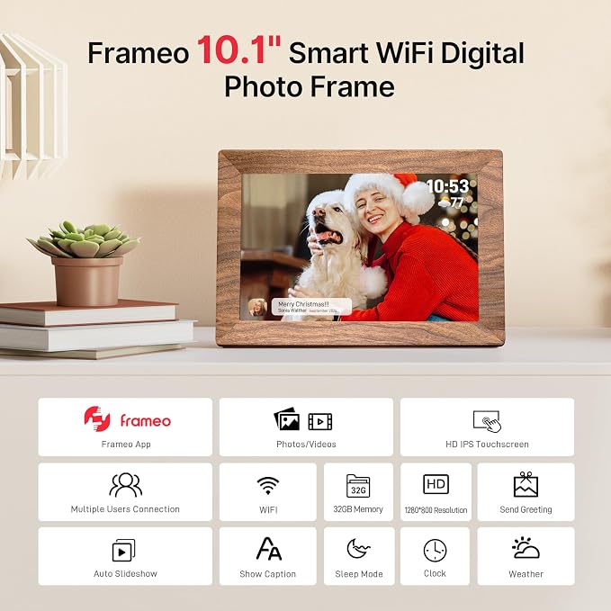 Frameo 10.1" Digital Picture Frame, Smart WiFi Digital Photo Frame with 1280x800 HD IPS Touch Screen 32GB Memory Auto-Rotate Wall Mounted, Share Photos/Videos from Phone Anywhere - Brown