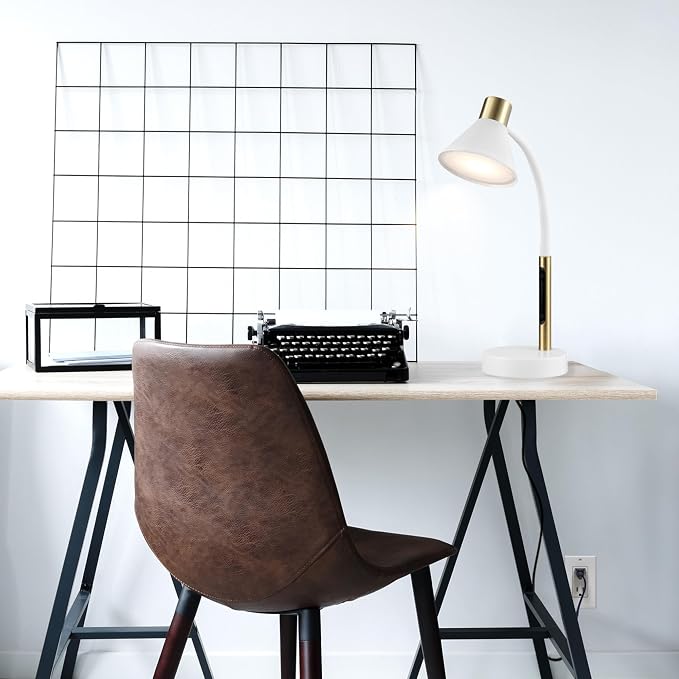 Globe Electric 15" LED Integrated Matte White Desk Lamp with Matte Brass Accent and Adjustable Silicone Gooseneck