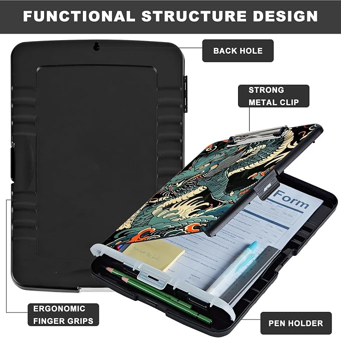 Clipboard with Storage,Storage Clipboard with Pen Holder,Heavy Duty Plastic Storage Clipboard with Low Profile Clip,Teacher Must Haves,Clipboard Folder,Office Supplies,Dragon -1355
