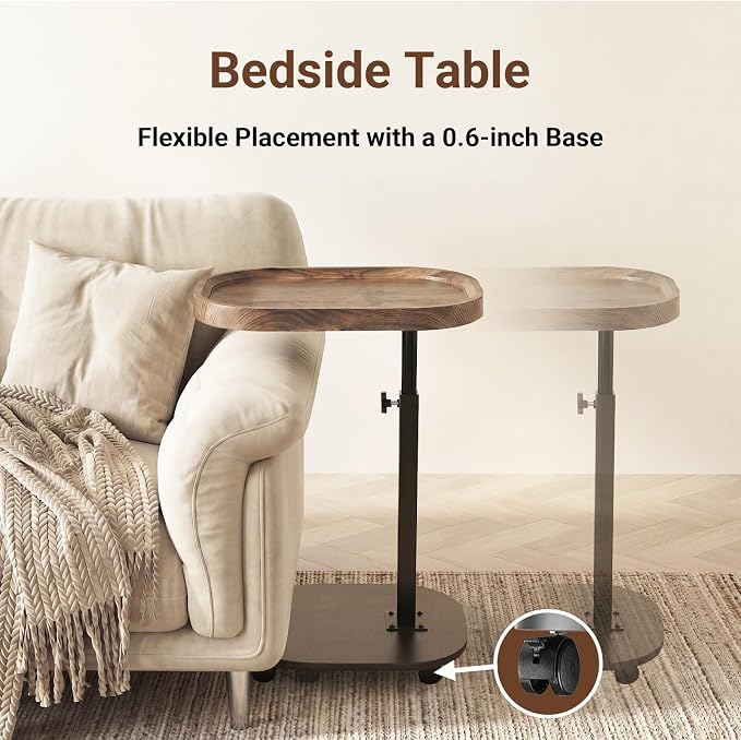 Adjustable Height TV Tray Table for Snack, Eating, Dinner or Laptop, 360°Rolling C Shaped End Table for Couch, Sofa, Chair, Bed, Perfect for Small Places, Livingroom, Bedroom