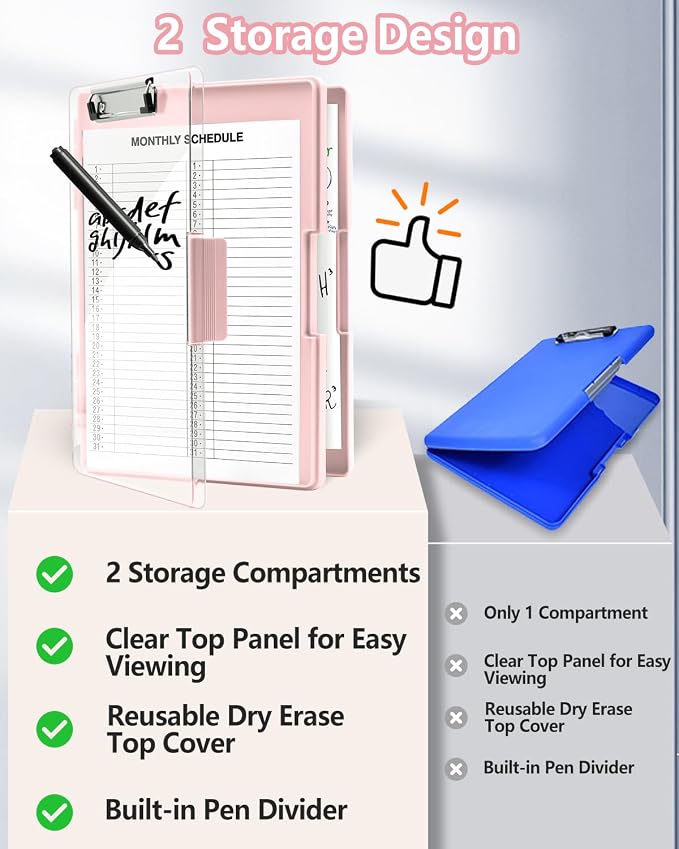 Clearview Clipboard with 2 Storage, Dry Erase 8.5x11 Heavy Duty ClipBoards - High Capacity Coaches Clip Board with Pen Holder - Side Opening Plastic Nursing Clip Case (Pale Pink)