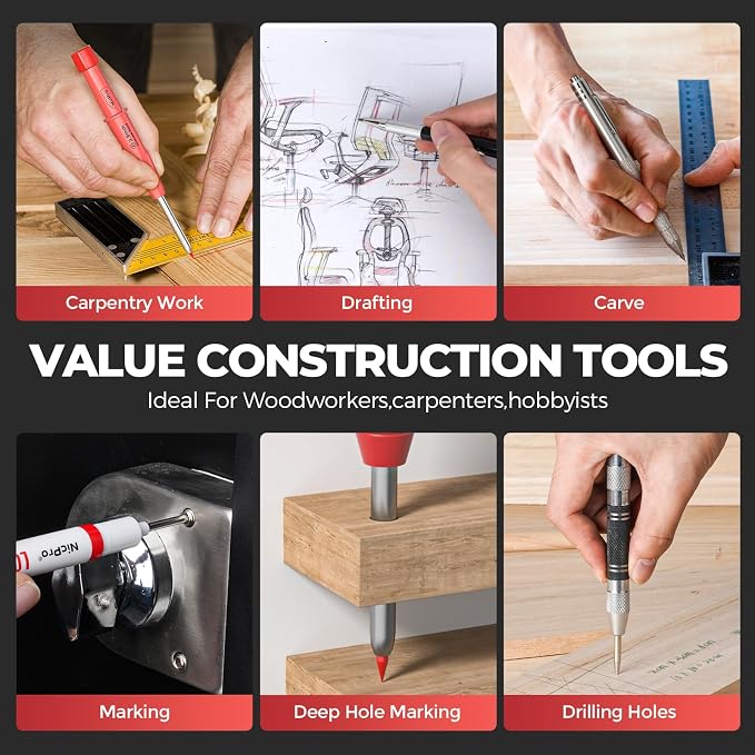 Nicpro 24PCS CP3000 Mechanical Carpenter Pencil Set with Sharpener & Sheath | 76 Refills, 3PCS Long Nib Marker, Center Punch, Carbide Scribe Tool, Heavy Duty Construction Pencil for Architect Woodworking