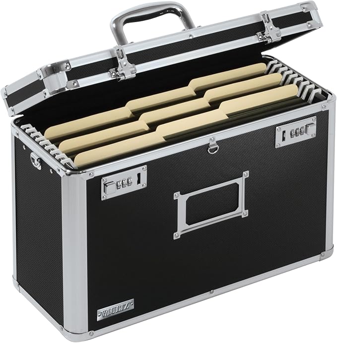 Vaultz File Organizer Storage Box - 14 x 7.25 x 12 Inch Legal Size, Portable Locking Storage Totes with Dual Combination Locks for Filing Office Documents - Black | Dual combination locks for added security, portable design for filing office documents,...