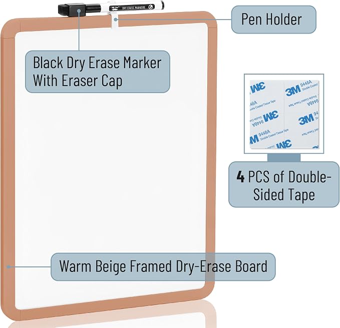 Mr. Pen- Dry Erase Board, 14” x 11” with a Black Dry Erase Marker | Copper Tan Frame, Small Mini White Board for Students, Fridge, Wall, Locker, Includes Double Sided Tapes