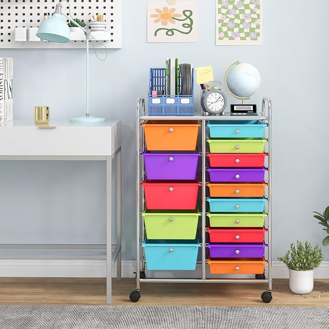 BECOMFORT 15-Drawer Rolling Cart with Drawers, Storage Cart on Wheels, Teacher Classroom Organizers with Metal Frame, Mobile Craft Cart for Tools, Trolley Utility Cart for School Office Play Room