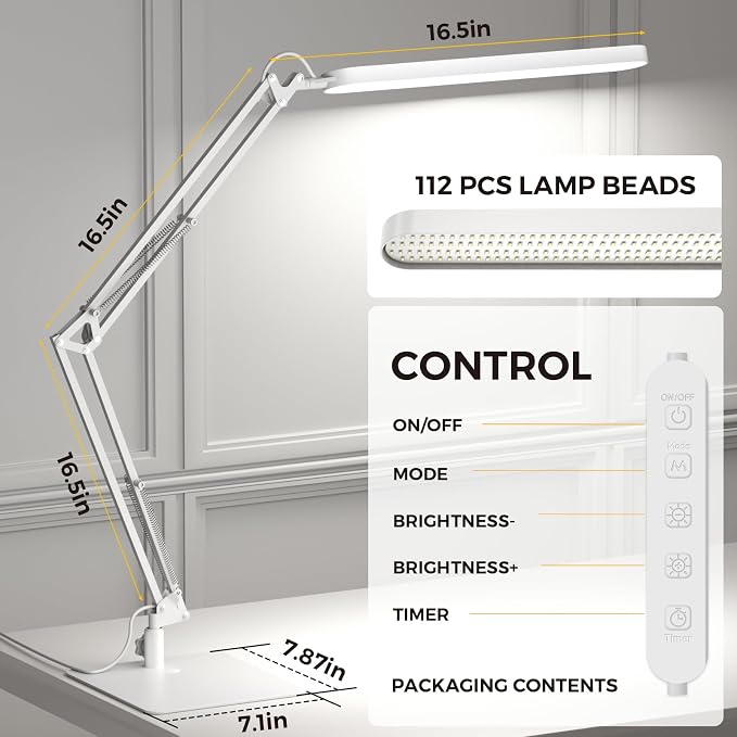 LED Desk Lamp with Slim Base - Adjustable Swing Arm Desk Light, Dimmable, Timer, Eye Protection, Memory Function, 1300LM, 12W, White