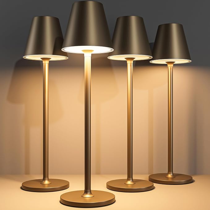 Timjorman 4-Pack Cordless Table Lamps - 5000mAh Rechargeable Battery Operated Desk Lamp, 3-Level Dimmable LED Night Light for Bedroom, Dining, Restaurant - Metal Design(Kahaki-4PACK)