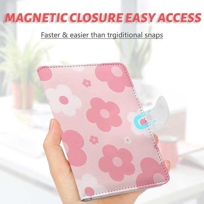 Passport Holder, Cute Travel Wallet Cover with RFID Blocking, | PU leather travel wallet with magnetic closure, card slots, pen loop, and easy access for passports and essentials.