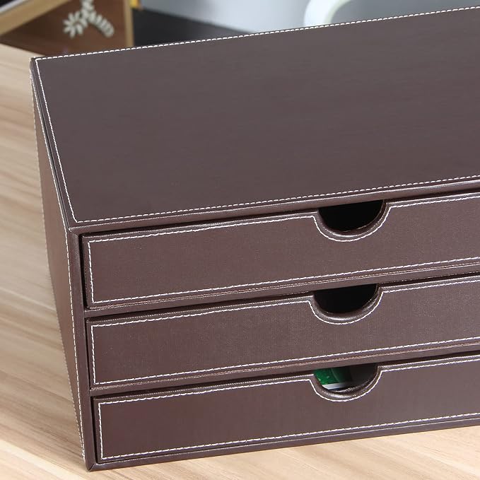 PU Leather Desk Organizer with 3 Drawers,Executive Office Supplies Desktop Filing A4 File Cabinet/Holder for Jewelry/Bill/Paper/Documents/Makeup Home Decor Stationery Storage Box,Brown