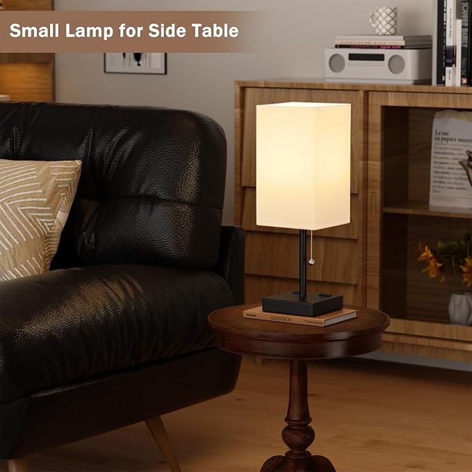 Bedside Lamp for Bedroom Set of 2 - Table Desk Lamp for Nightstand | USB A+C Ports, AC Outlet, 3 Color Temperatures, LED Bulb Included, Pull Chain, 14" Rectangular Desk Lamp for Office, 2-Pack