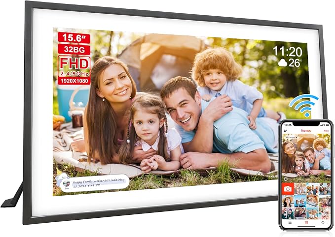 Digital Picture Frame 15.6 Inch Large Frameo Digital Photo Frame，32GB, 1920 * 1080 IPS HD Touch Screen, Electronic Picture Frame IPS Touch Screen with Auto-Rotate, Frameo Digital Frame WiFi(Black)