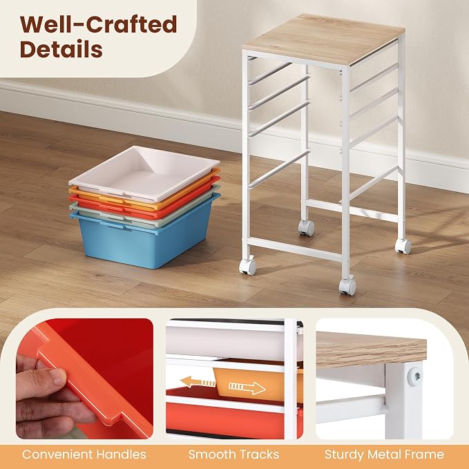 Giantex Rolling Storage Cart with 5 Drawers, Utility Cart w/Wooden Tabletop, Lockable Wheels, Multipurpose Organizer for Art Craft Books Paper, Drawer Carts for Dorm Classroom Office, Macaron