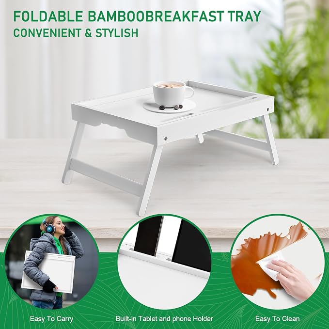 Artmeer Bamboo Bed Tray Table with Device Slot, Folding Legs, Large, White | FSC-certified bamboo bed tray with folding legs, device slot and handles for meals, laptops, reading and serving in bed.