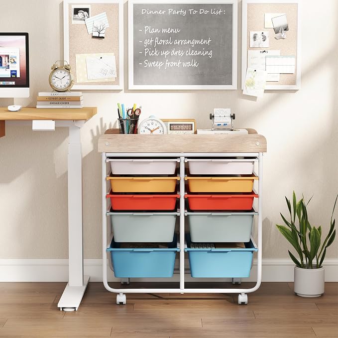 Giantex Rolling Storage Cart with 10 Drawers, Utility Cart w/Wooden Tabletop, Handle, Lockable Wheels, Multipurpose Organizer for Art Craft Scrapbooks Paper, Drawer Carts for School Office, Macaron