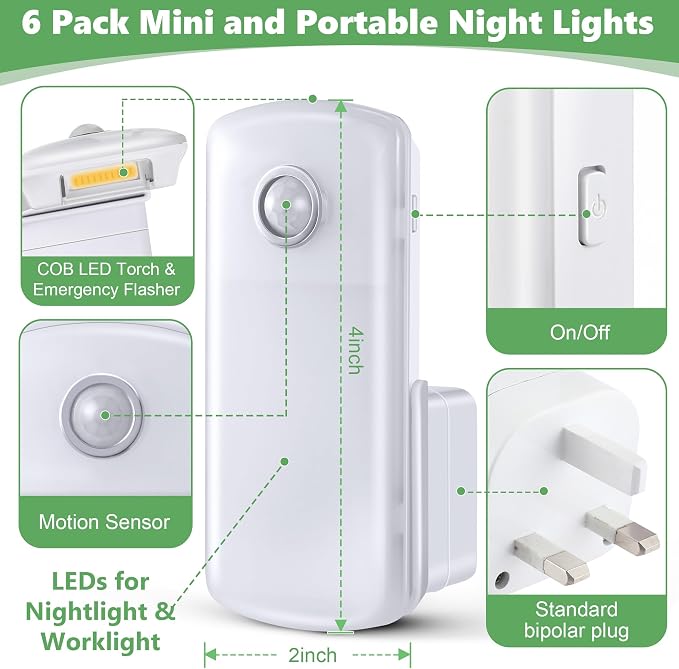 Enhon 6 Pack Emergency Power Failure Night Lights, Motion Sensor Night Light, Automatic Dusk to Dawn, Emergency Lights for Home, Bedrooms, Hallways, Black Outs, Rechargeable