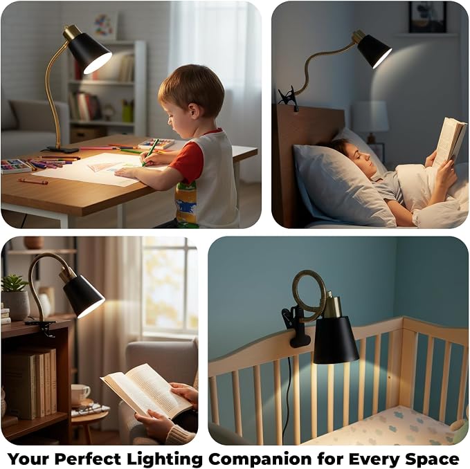 Desk lamp Eye-Caring Table Lamps, 360°Rotation Gooseneck Clip on Lamp Reading Light, Portable Reading Book Light, Clamp Light, Study Desk Lamps for Bedroom and Office Home Lighting (Black and Gold)