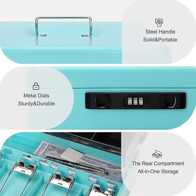 Jssmst Cash Box with Sliding Coin Lid and Snap Latch Combination Lock - Portable Cash Box with Money Tray and Lock, Secure Locking Money Box for Cash Organizer, 11.8L x 9.5W x 3.5H Inches, Light Blue