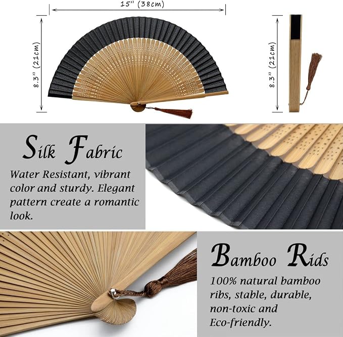 OMyTea Folding Hand Fan for Women - Foldable Chinese Japanese Vintage Bamboo Silk Fan - for Hot Flash, Church, Decoration, EDM, Music Festival, Dance, Party, Performance, Gift (Sexy Bamboo)