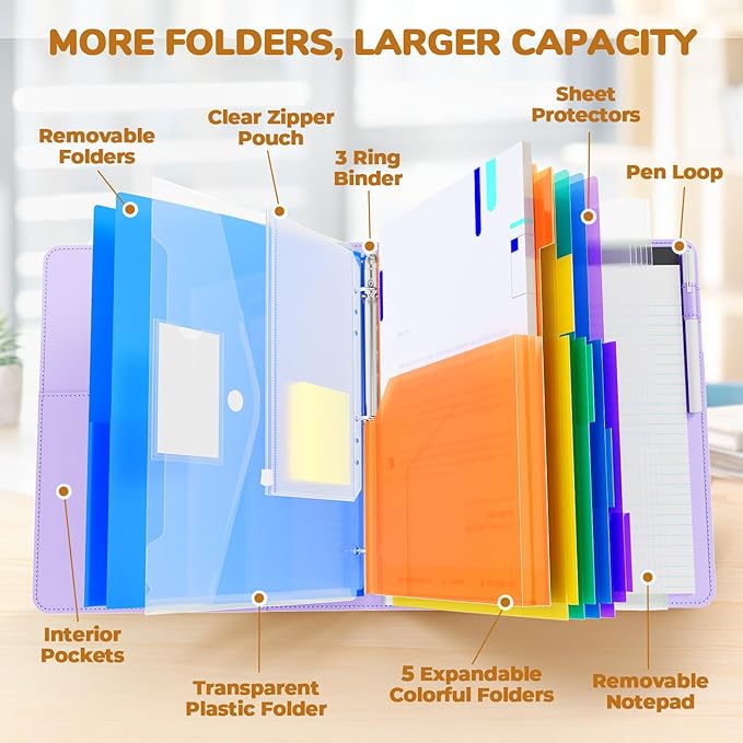 JoyCat 3 Ring Binder Clipboard with Storage, 5 Folders, Purple | 3 ring clipboard portfolio combines five expandable folders, a refillable letter-size notepad and storage