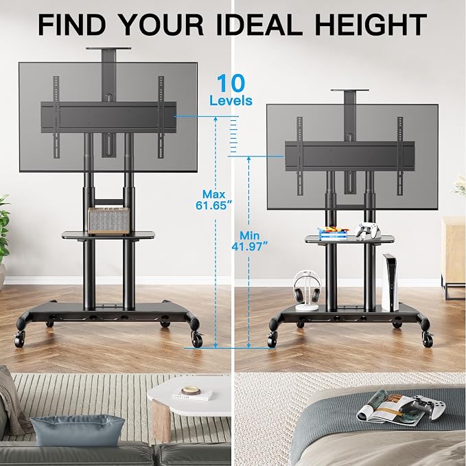 PERLESMITH Mobile TV Stand for 55-90 Inch Flat/Curved Screen TV Max VESA 800x500mm Outdoor TV Cart with Height Adjustable AV Shelf- UL Certificated Rolling Floor TV Stand Holds up to 200Lbs (PSTVMC07)