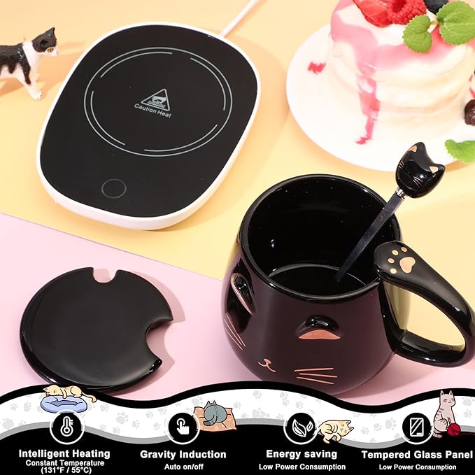 Cat Coffee Cup Coffee Warmer with Mug for Women Electric Mug Heater Temperature Control Ceramic Cute Cat Warmer for Office Valentine' Day Birthday Gift(Black)