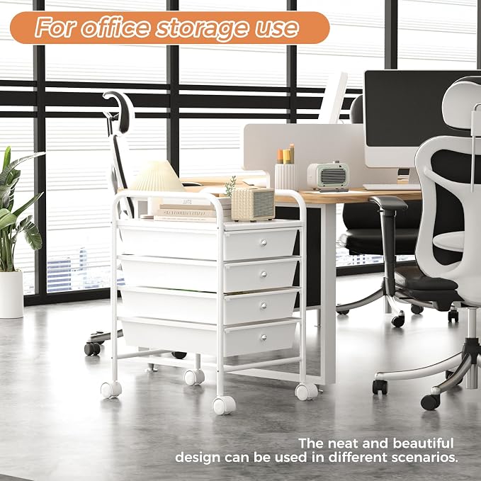 4 Tier Utility Rolling Cart with 4 Drawers Multipurpose Rolling Storage Cart with Wheels and Handles for Office Classroom Kitchen Bathroom Bedroom Organization White