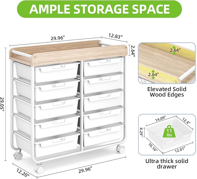 10 Drawers Rolling Cart with Wooden Tabletop, Utility Storage Cart with Wheels, Art Supply Craft Organizer on Wheel with Metal Frame & Handles for Home Office School (Pure White)