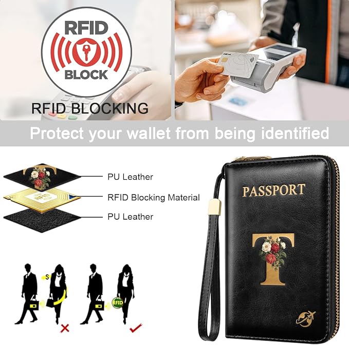 Passport Holder for Travel Personalized Wallet with Wristlet Women | Passport Cover, RFID Blocking, Passport Book Holders, Back Coin Pocket, Zipper Closure, Roses Initial Letter, Black T