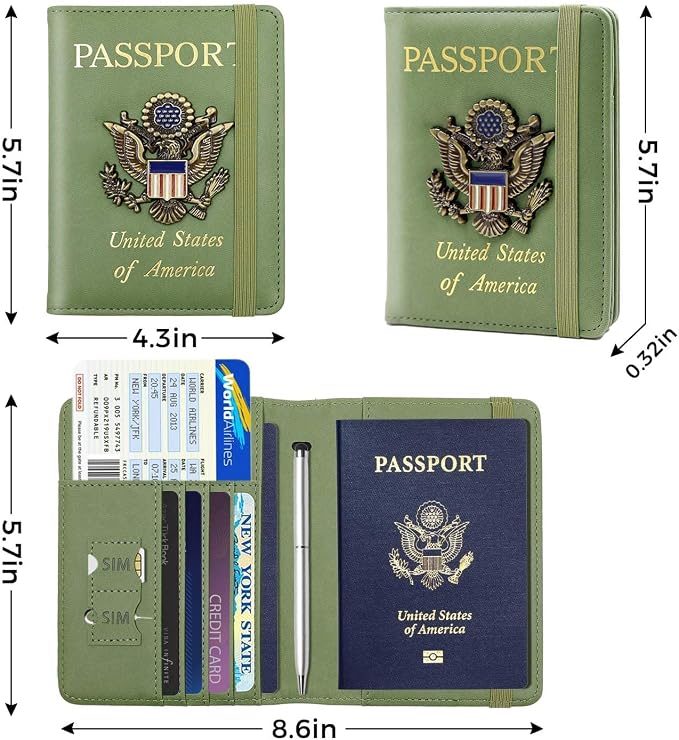 Cnycmy Passport Holder for Travel, Pu Leather Travel Wallet, RFID Blocking, Metal United States Coat of Arms, Waterproof cover for Family (Green)