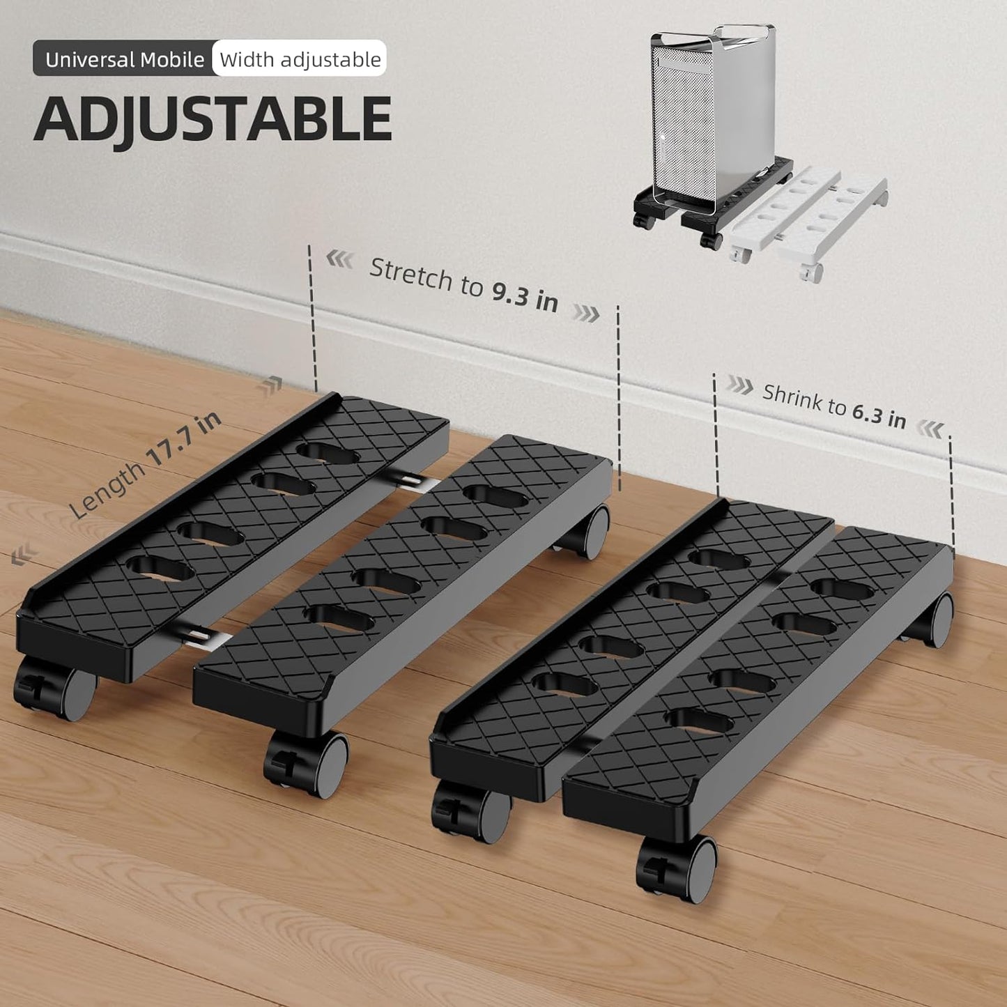 Adjustable Mobile CPU Stand, Ventilated Computer Tower Stand with 4 Caster Wheels Fits Most PC Tower, Under Desk CPU Holder PC Floor Cart Computer Riser for Gamers and Students (Large White)