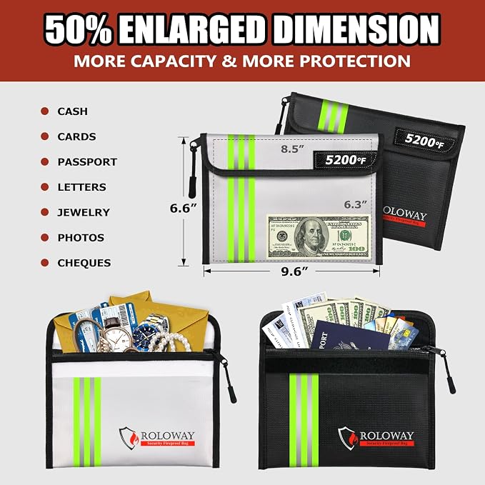Fireproof Bag (9.6 x 6.6 inches) 5200℉ Heat Insulated with Reflective Strip, Fireproof Money Bag with Zipper for Cash (2-Pack)