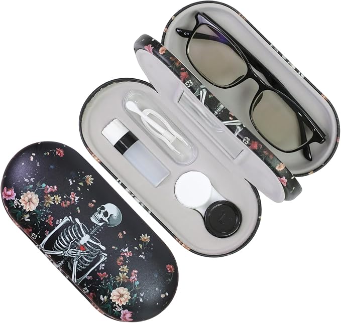 2 in 1 Contact Lens Case and Eyeglasses Case for Women Men Kids, Double Sided Hard Shell Portable Glasses Travel Holder with Built-in Mirror, Contact Lens Box Storage Kit (Black Skull)