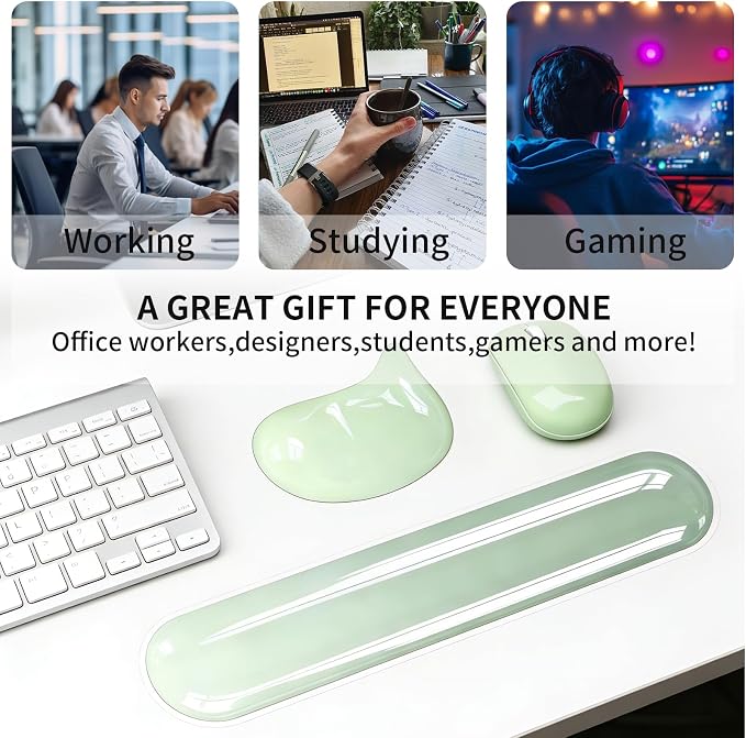Gel Wrist Rest Set for Computer Keyboard and Mouse, 2-Pack (Green) | Ergonomic Silicone Wrist Support for Typing Fatigue Relief, Non-Slip Cooling Computer Wrist Rest Pad for Office, Gaming