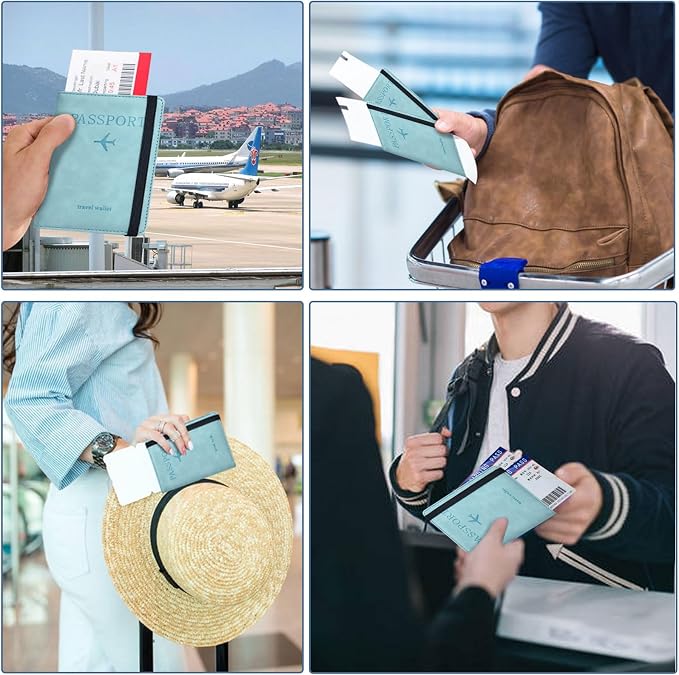 Passport Holder, Passport Cover with Credit Card Slot and Boarding Pass Slot Combo, Passport Wallet Case Book Travel Must Have, RFID Blocking Leather Travel Accessories, Sky Blue
